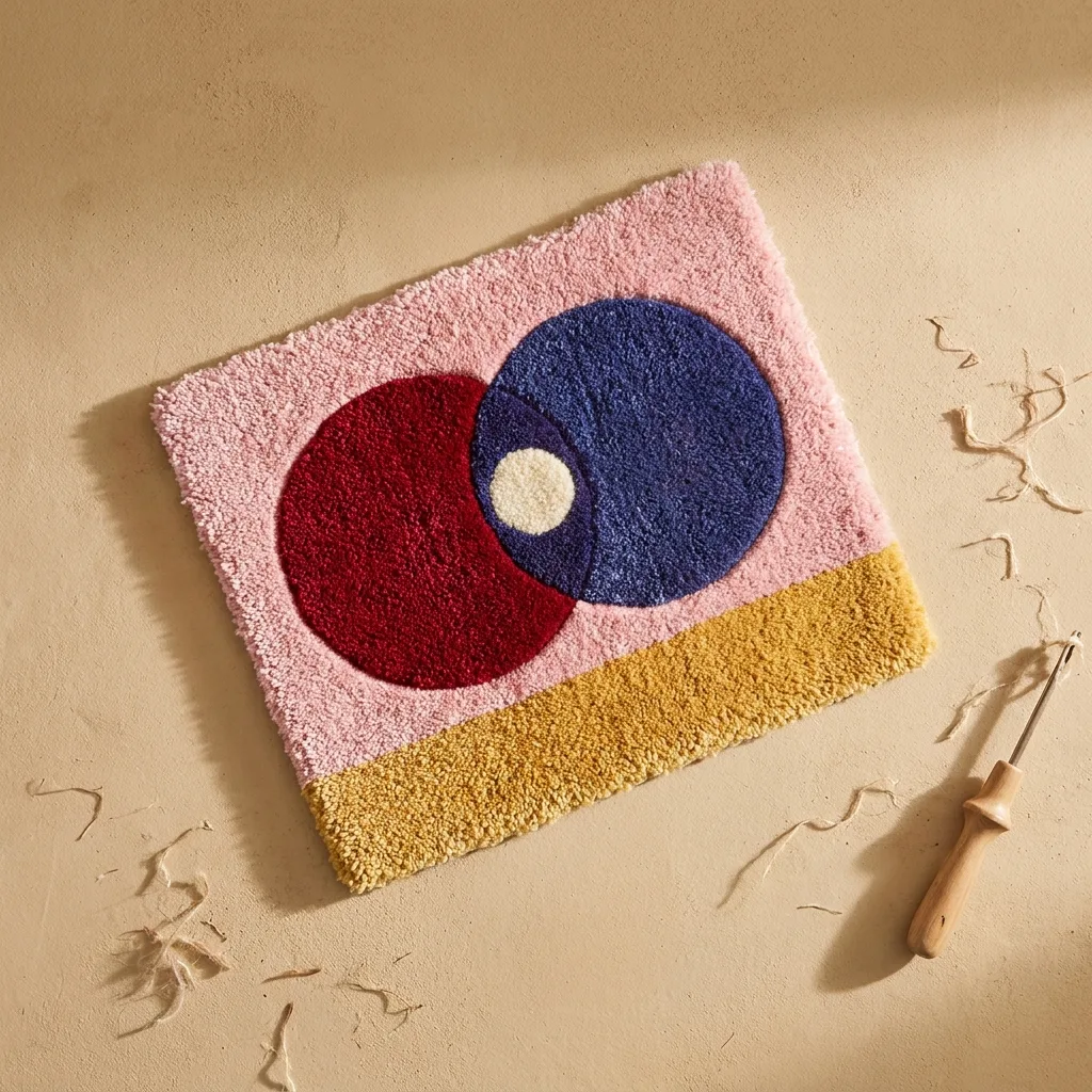 A tufted rug with overlapping red and blue circles on a pink ground