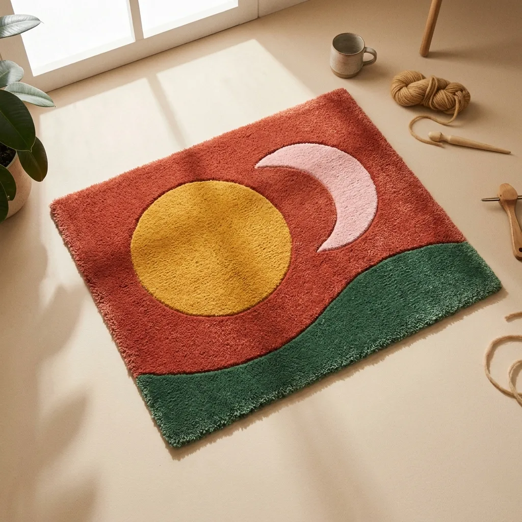 A handmade tufted rug with a yellow sun, pink crescent moon and green horizon, photographed on a studio floor
