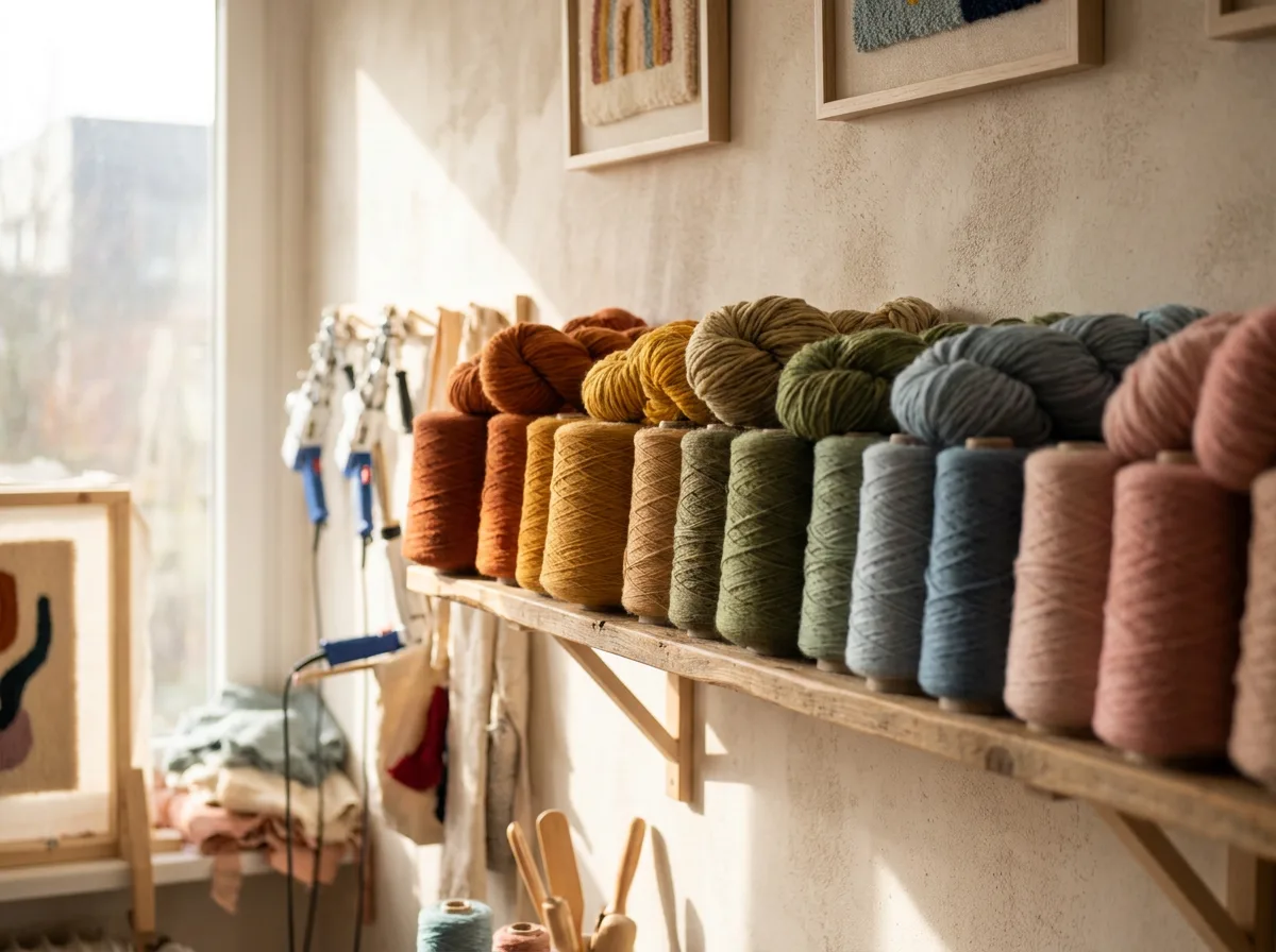 A studio shelf packed with yarn cones arranged in a colour gradient