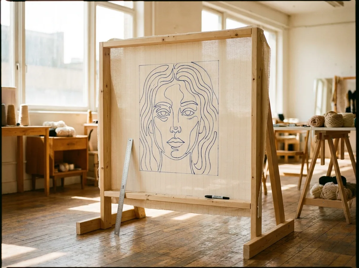 A tufting frame with primary cloth stretched across it, a line-drawn stencil marked out in blue