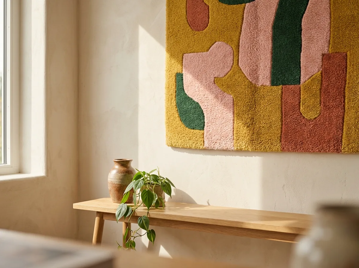 A finished tufted wall hanging in mustard, pink and green above an oak bench