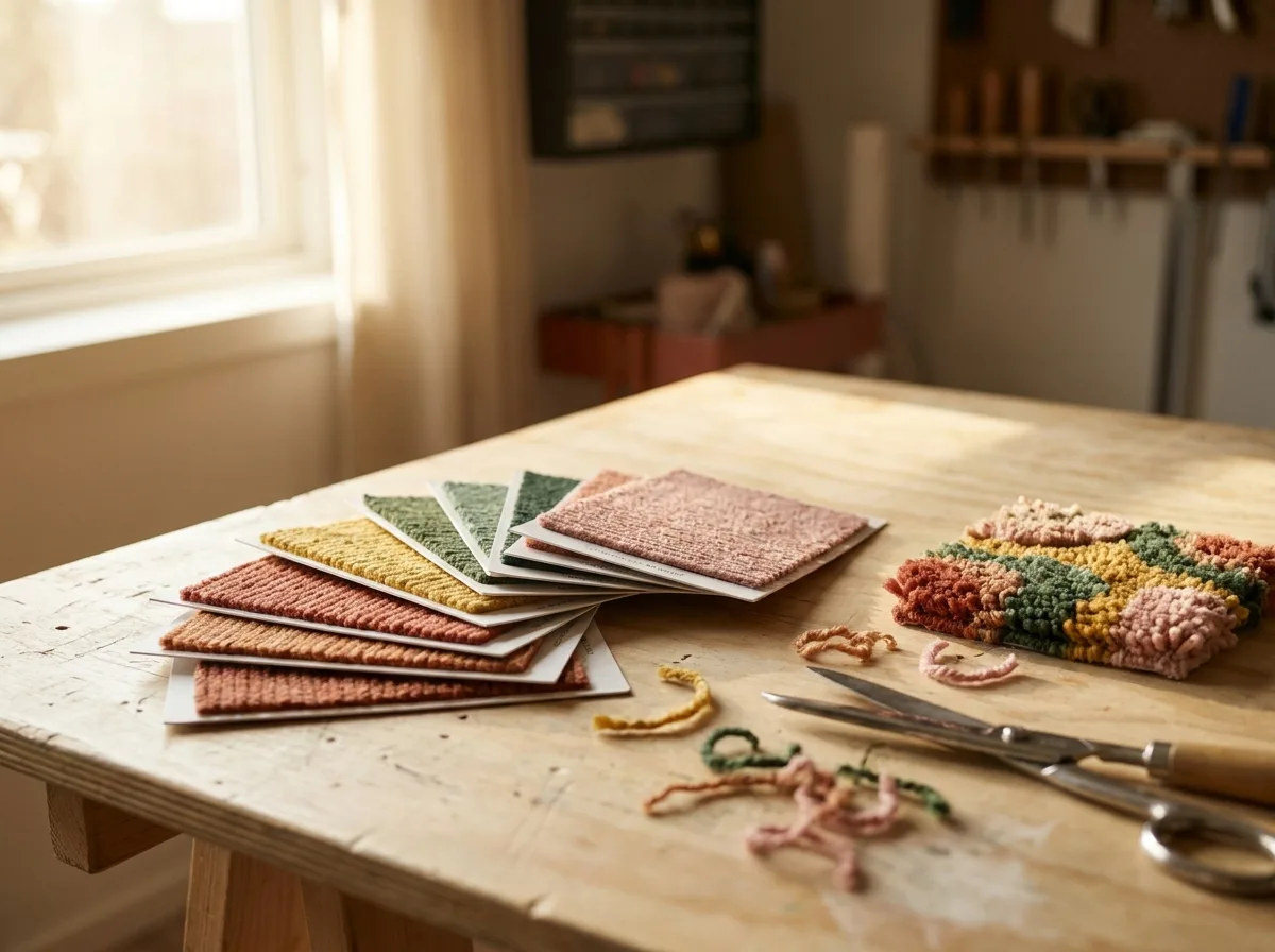 Yarn swatch cards fanned out on a workbench beside a small tufted sample and carpet scissors